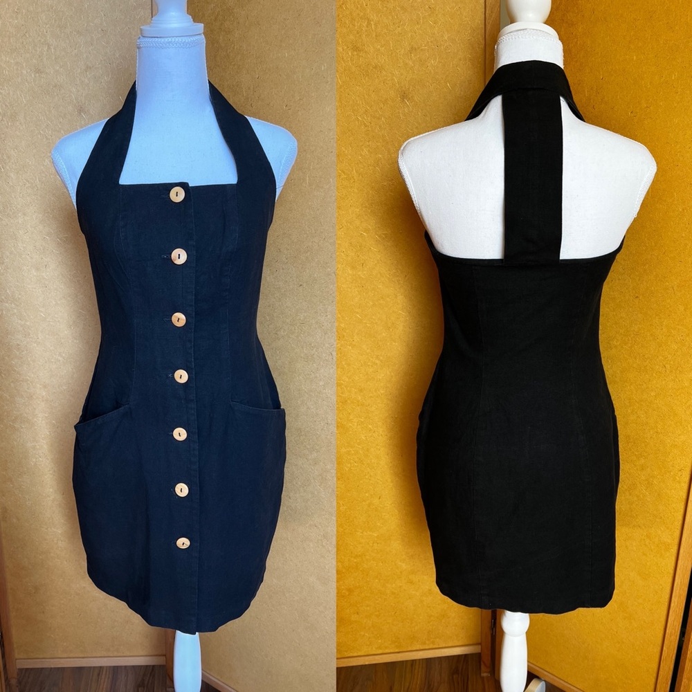 Black Size 3 Linen T-Back Dress w/ button front and deep pockets. Fitted bodice
